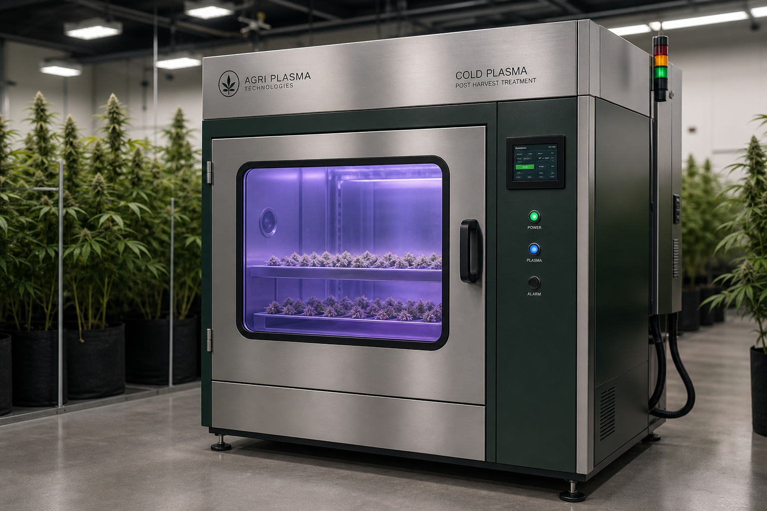 Industrial cold-plasma curing chamber in a controlled cultivation setting